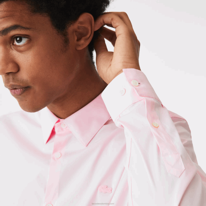 hombres Lacoste 6F241440 ady rosa claro camisa slim fit de popelina de algodón con cuello francés