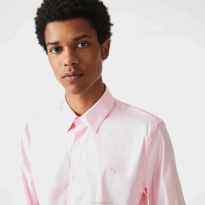 hombres Lacoste 6F241440 ady rosa claro camisa slim fit de popelina de algodón con cuello francés
