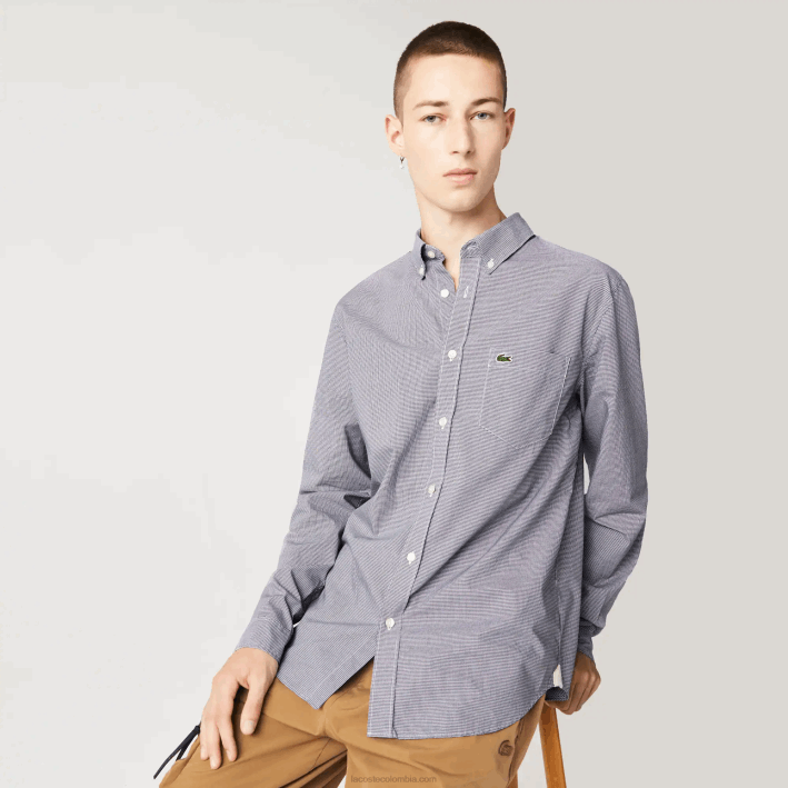 hombres Lacoste 6F241485 blanco azul marino 522 camisa regular fit de popelina de algodón