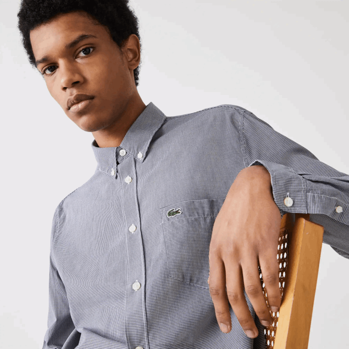 hombres Lacoste 6F241485 blanco azul marino 522 camisa regular fit de popelina de algodón