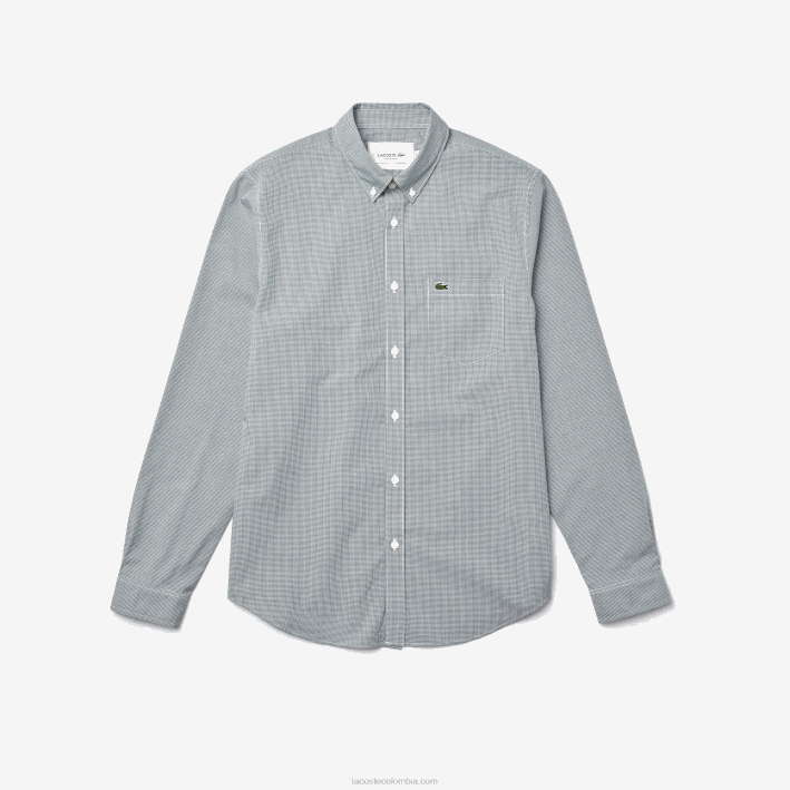 hombres Lacoste 6F241486 blanco verde 737 camisa regular fit de popelina de algodón