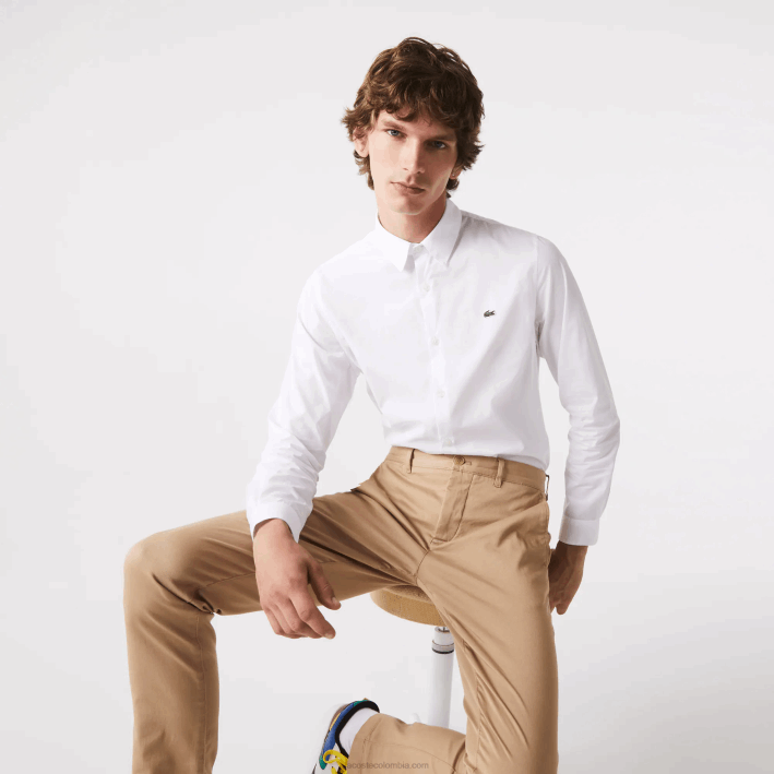 hombres Lacoste 6F241488 blanco 001 camisa slim fit de popelín de algodón elástico