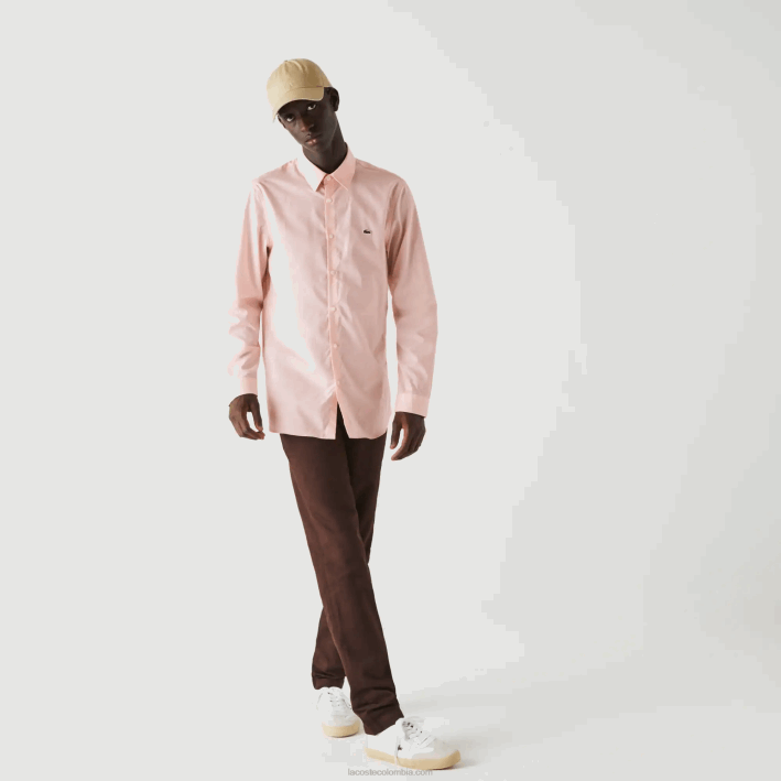 hombres Lacoste 6F241490 ady rosa claro camisa slim fit de popelín de algodón elástico