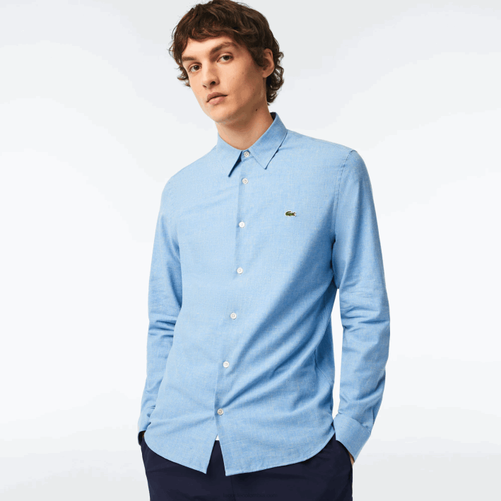 hombres Lacoste 6F241520 azul blanco fv2 camisa slim fit de cambray de algodón