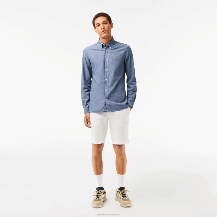 hombres Lacoste 6F241573 cdz azul camisa slim fit de cambray de algodón