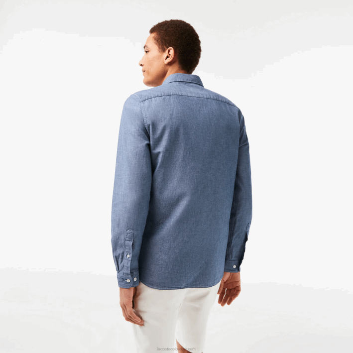 hombres Lacoste 6F241573 cdz azul camisa slim fit de cambray de algodón