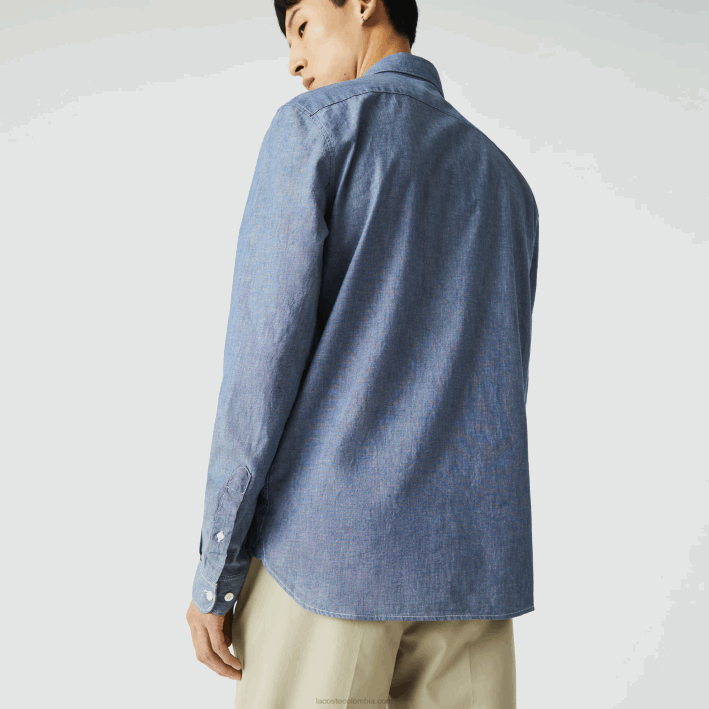hombres Lacoste 6F241573 cdz azul camisa slim fit de cambray de algodón