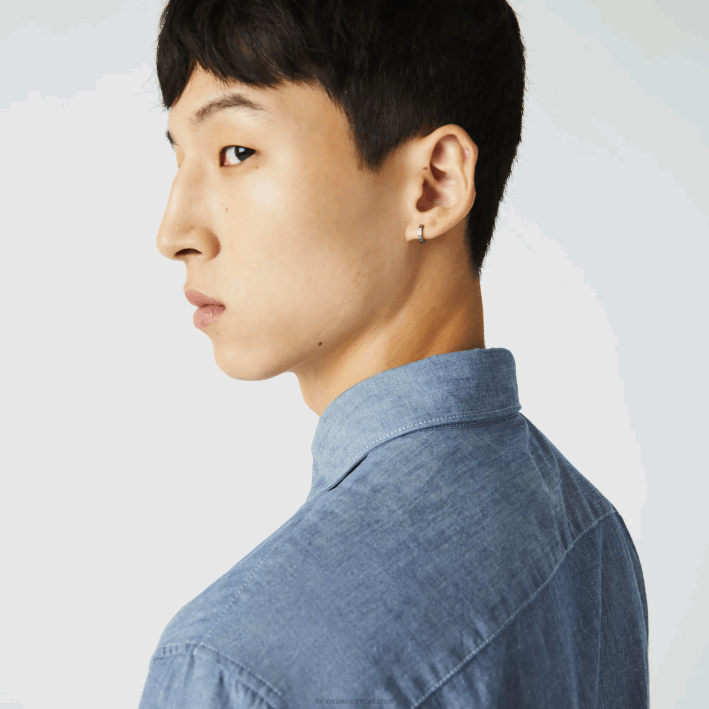 hombres Lacoste 6F241573 cdz azul camisa slim fit de cambray de algodón