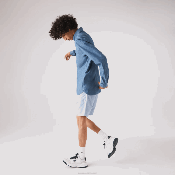 hombres Lacoste 6F241573 cdz azul camisa slim fit de cambray de algodón