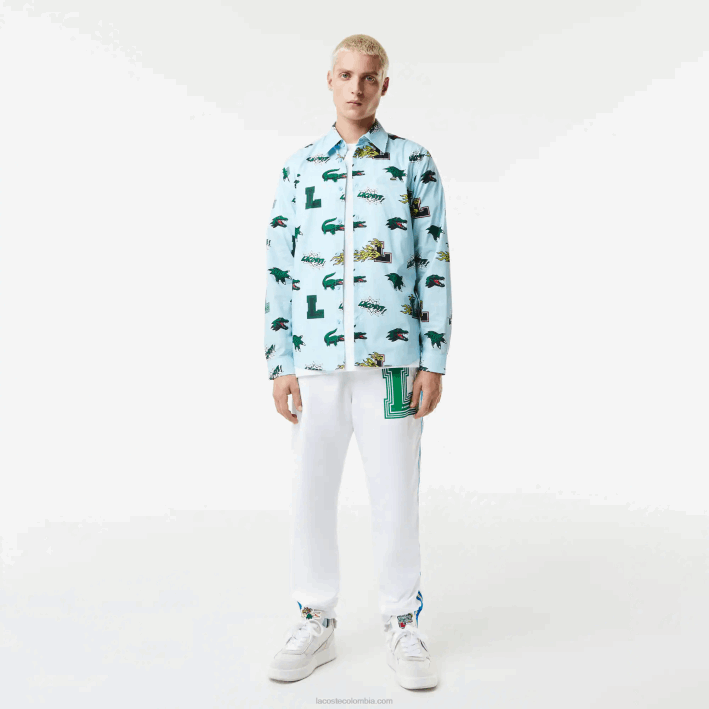 hombres Lacoste 6F241574 eep azul blanco camisa regular fit con estampado de cocodrilo