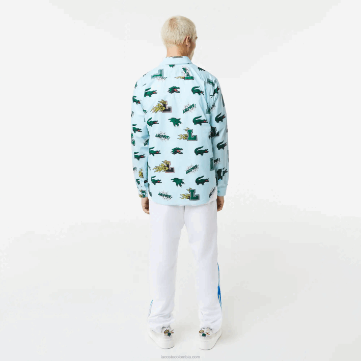 hombres Lacoste 6F241574 eep azul blanco camisa regular fit con estampado de cocodrilo
