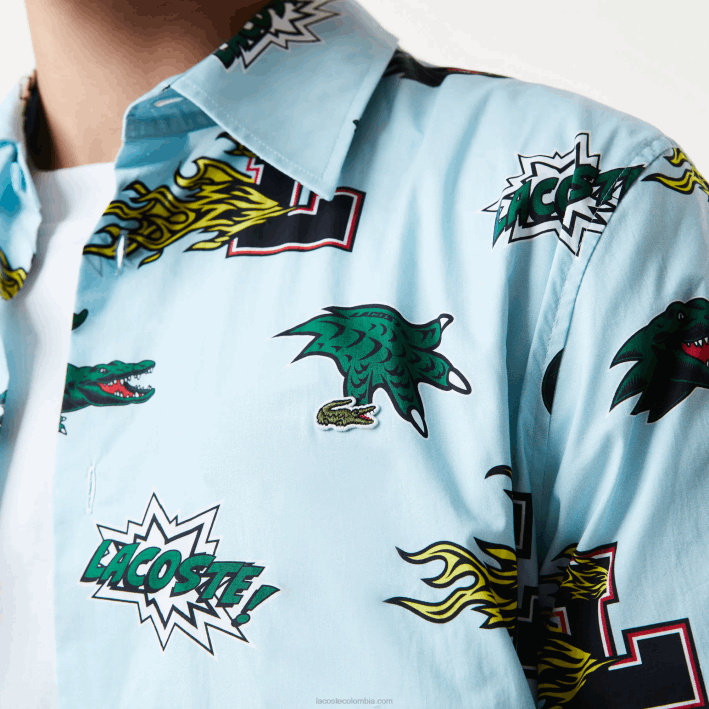 hombres Lacoste 6F241574 eep azul blanco camisa regular fit con estampado de cocodrilo