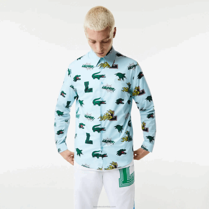 hombres Lacoste 6F241574 eep azul blanco camisa regular fit con estampado de cocodrilo