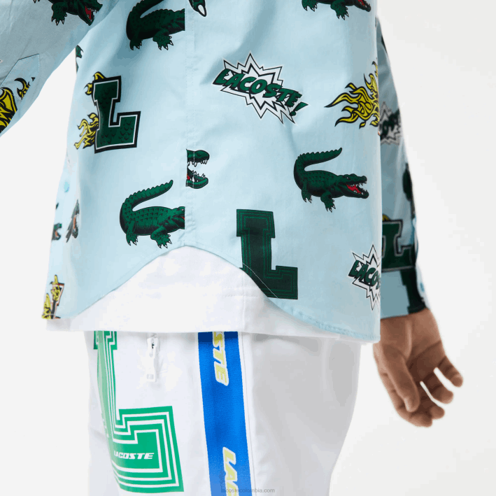 hombres Lacoste 6F241574 eep azul blanco camisa regular fit con estampado de cocodrilo