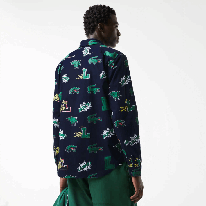 hombres Lacoste 6F241575 azul marino blanco qrn camisa regular fit con estampado de cocodrilo