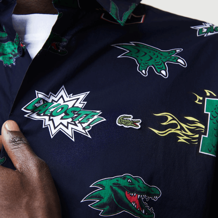 hombres Lacoste 6F241575 azul marino blanco qrn camisa regular fit con estampado de cocodrilo