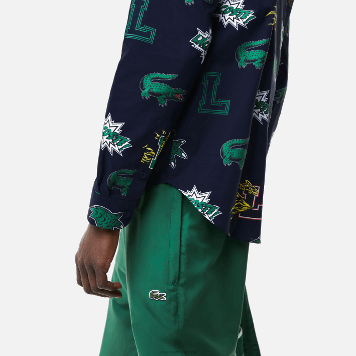 hombres Lacoste 6F241575 azul marino blanco qrn camisa regular fit con estampado de cocodrilo