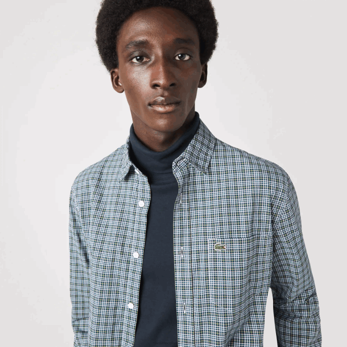 hombres Lacoste 6F241609 blanco negro verde tav camisa regular fit con estampado de cuadros