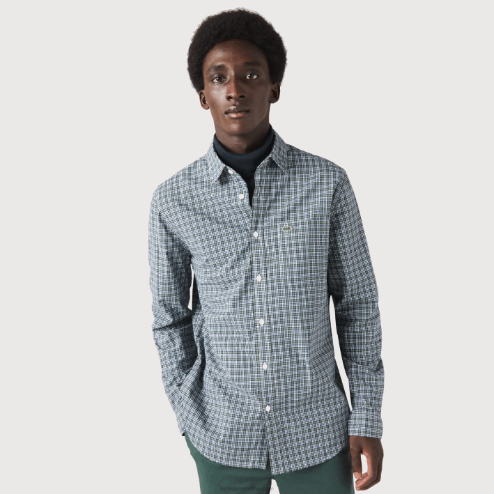 hombres Lacoste 6F241609 blanco negro verde tav camisa regular fit con estampado de cuadros