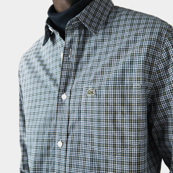 hombres Lacoste 6F241609 blanco negro verde tav camisa regular fit con estampado de cuadros