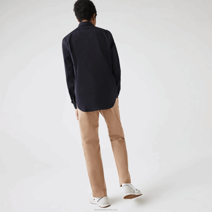 hombres Lacoste 6F241613 fondo azul marino camisa regular fit de popelina de algodón