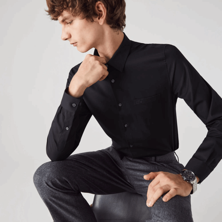 hombres Lacoste 6F241613 fondo azul marino camisa regular fit de popelina de algodón