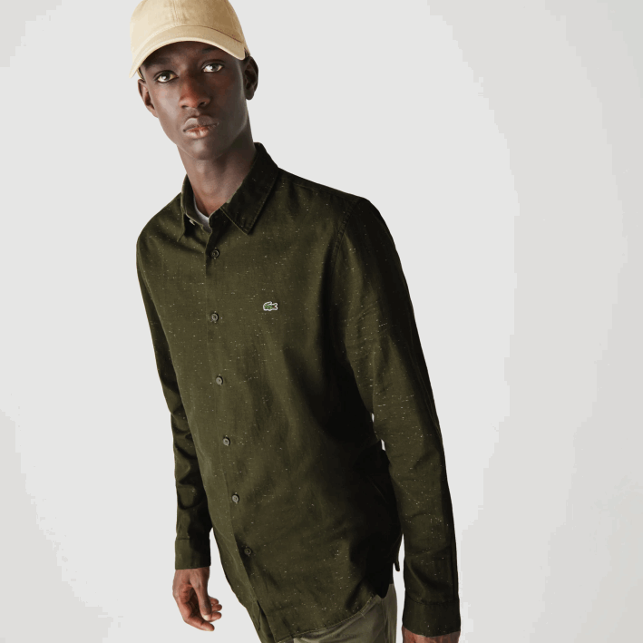 hombres Lacoste 6F241645 caqui verde blanco n8e camisa slim fit de algodón flameado