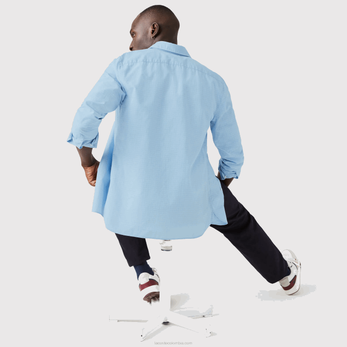 hombres Lacoste 6F241647 azul blanco fv2 camisa de cuadros de algodón y lino slim fit