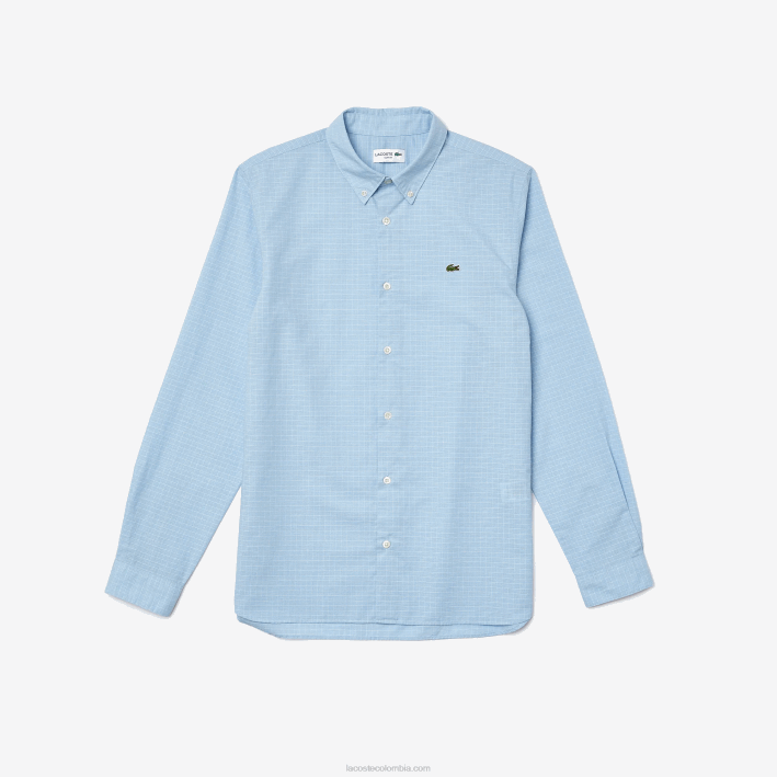 hombres Lacoste 6F241647 azul blanco fv2 camisa de cuadros de algodón y lino slim fit