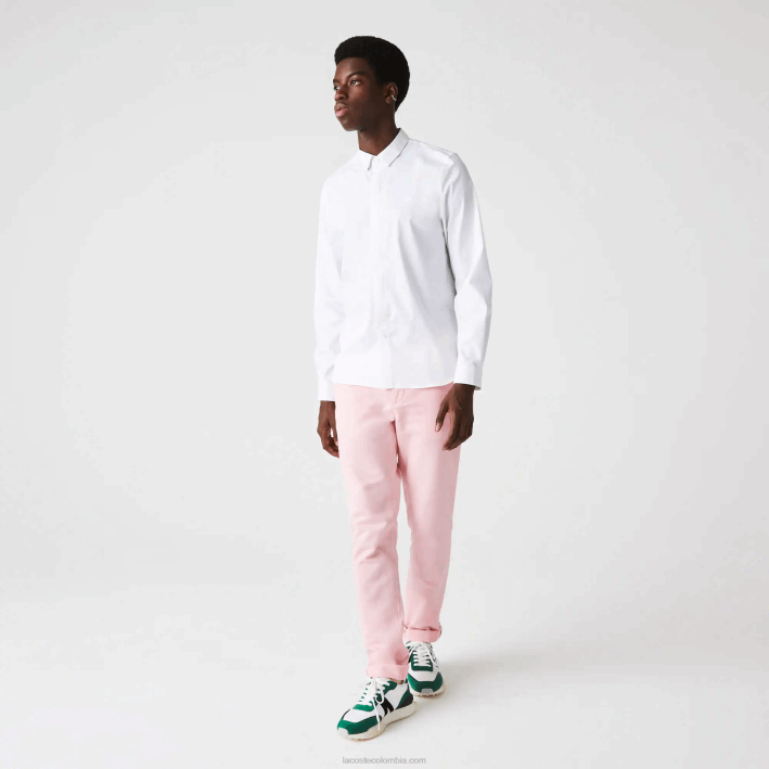 hombres Lacoste 6F241648 blanco 001 Camisa slim fit de popelín de algodón elástico con tapeta oculta