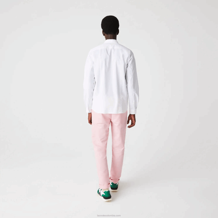hombres Lacoste 6F241648 blanco 001 Camisa slim fit de popelín de algodón elástico con tapeta oculta