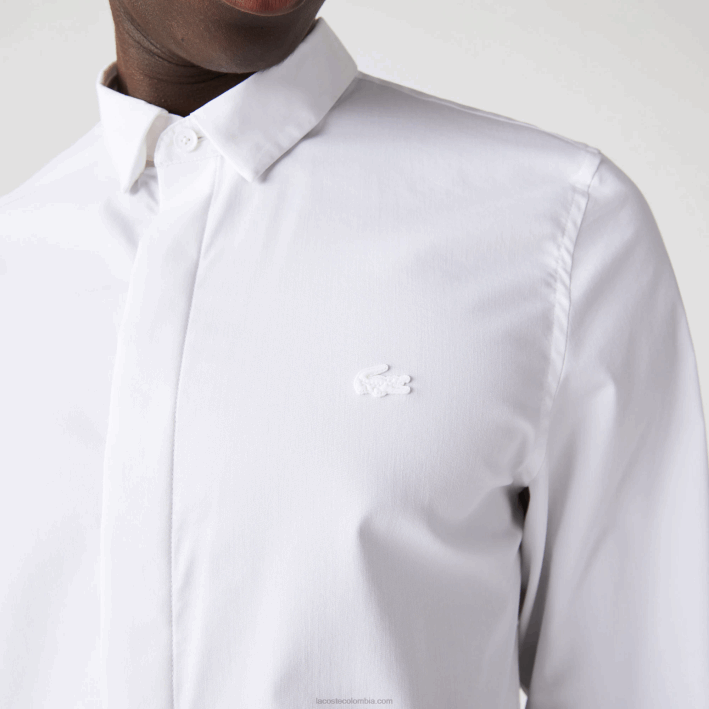 hombres Lacoste 6F241648 blanco 001 Camisa slim fit de popelín de algodón elástico con tapeta oculta