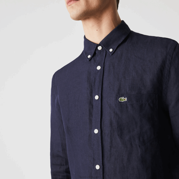 hombres Lacoste 6F241650 azul marino 166 camisa de lino regular fit