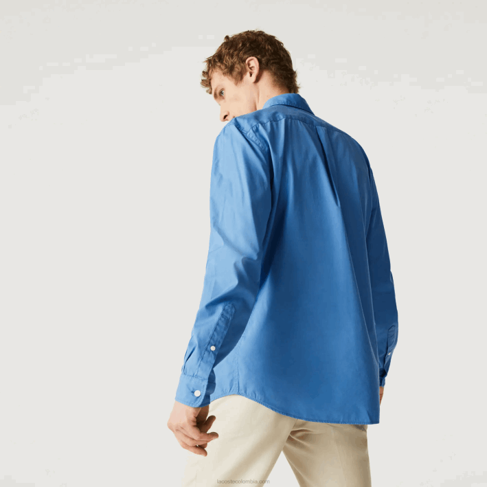 hombres Lacoste 6F241652 azul 776 camisa regular fit de popelina de mezcla de algodón