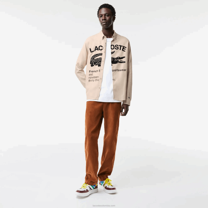 hombres Lacoste 6F241654 beige negro ub7 camisa de franela regular fit con logo