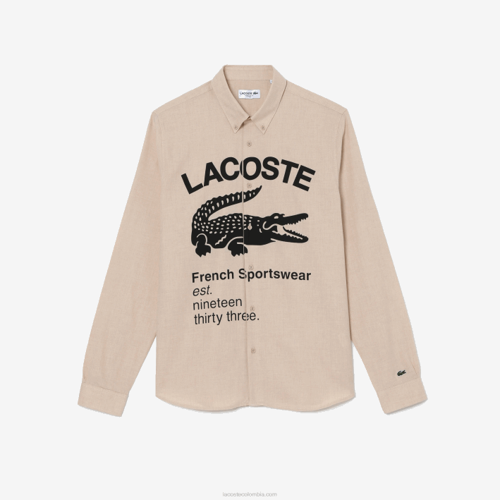 hombres Lacoste 6F241654 beige negro ub7 camisa de franela regular fit con logo