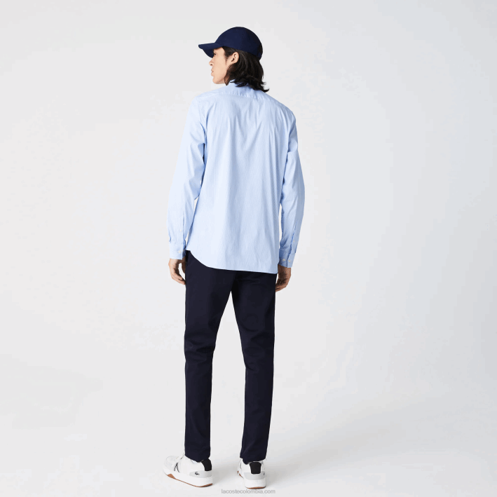 hombres Lacoste 6F24400 blanco azul f6z camisa slim fit de popelina elástica a rayas