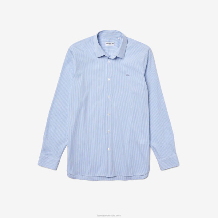 hombres Lacoste 6F24400 blanco azul f6z camisa slim fit de popelina elástica a rayas
