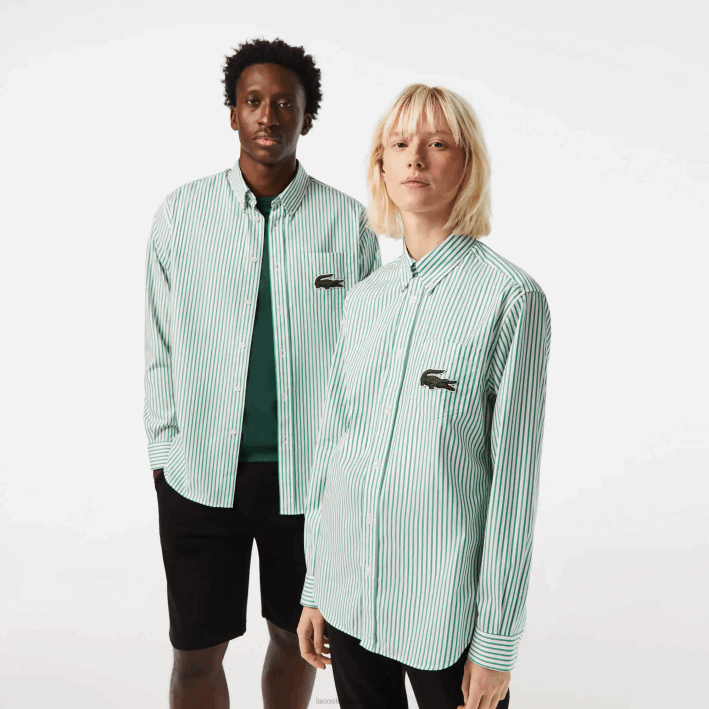 hombres Lacoste 6F24411 blanco verde 737 camisa de corte holgado de algodón con cocodrilo grande