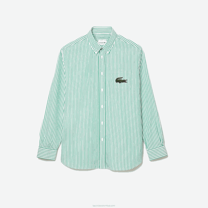 hombres Lacoste 6F24411 blanco verde 737 camisa de corte holgado de algodón con cocodrilo grande