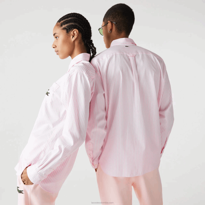 hombres Lacoste 6F24412 blanco rosa claro 7fd camisa de corte holgado de algodón con cocodrilo grande