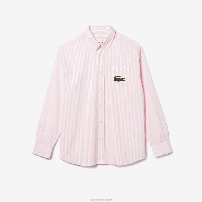 hombres Lacoste 6F24412 blanco rosa claro 7fd camisa de corte holgado de algodón con cocodrilo grande