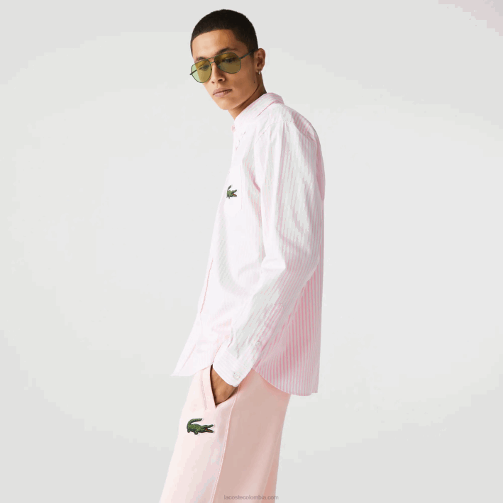 hombres Lacoste 6F24412 blanco rosa claro 7fd camisa de corte holgado de algodón con cocodrilo grande