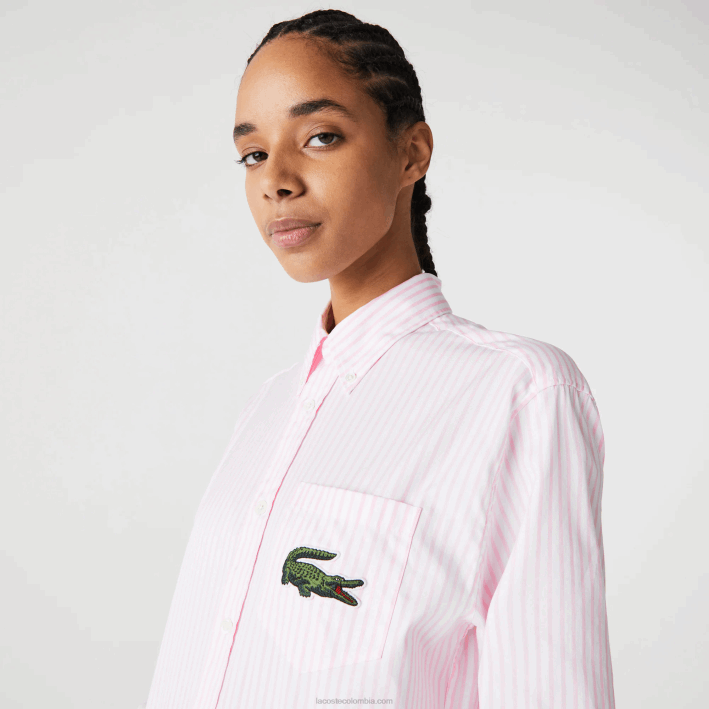 hombres Lacoste 6F24412 blanco rosa claro 7fd camisa de corte holgado de algodón con cocodrilo grande