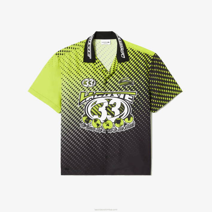 hombres Lacoste 6F24464 amarillo negro g65 camisa de manga corta con estampado de cuadros sombreados
