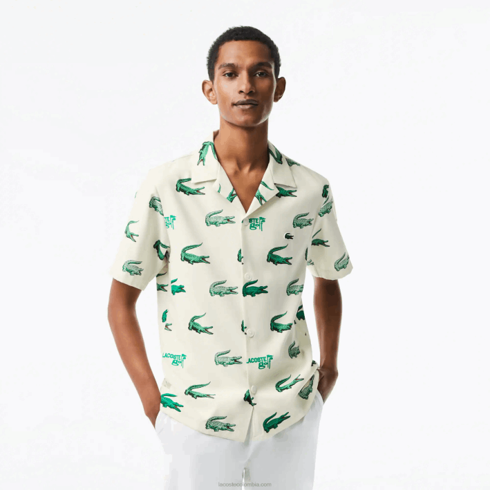 hombres Lacoste 6F24473 blanco 70v camisa de manga corta con estampado de golf