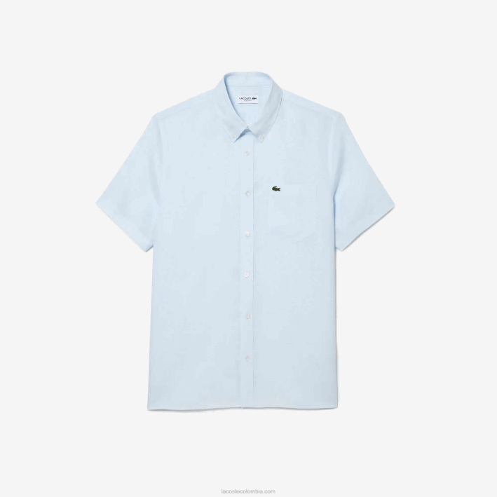 hombres Lacoste 6F24488 azul claro t01 camisa de lino de manga corta