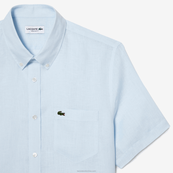 hombres Lacoste 6F24488 azul claro t01 camisa de lino de manga corta