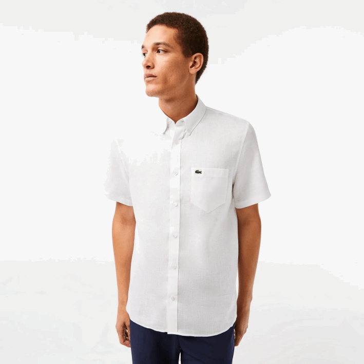 hombres Lacoste 6F24490 blanco 001 camisa de lino de manga corta