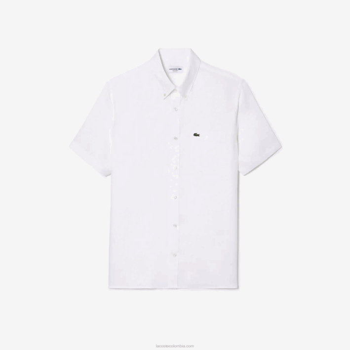 hombres Lacoste 6F24490 blanco 001 camisa de lino de manga corta